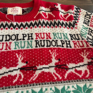 Women's G&J Red Green Rudolph Run Christmas Crew Neck Ugly Holiday Sweater L